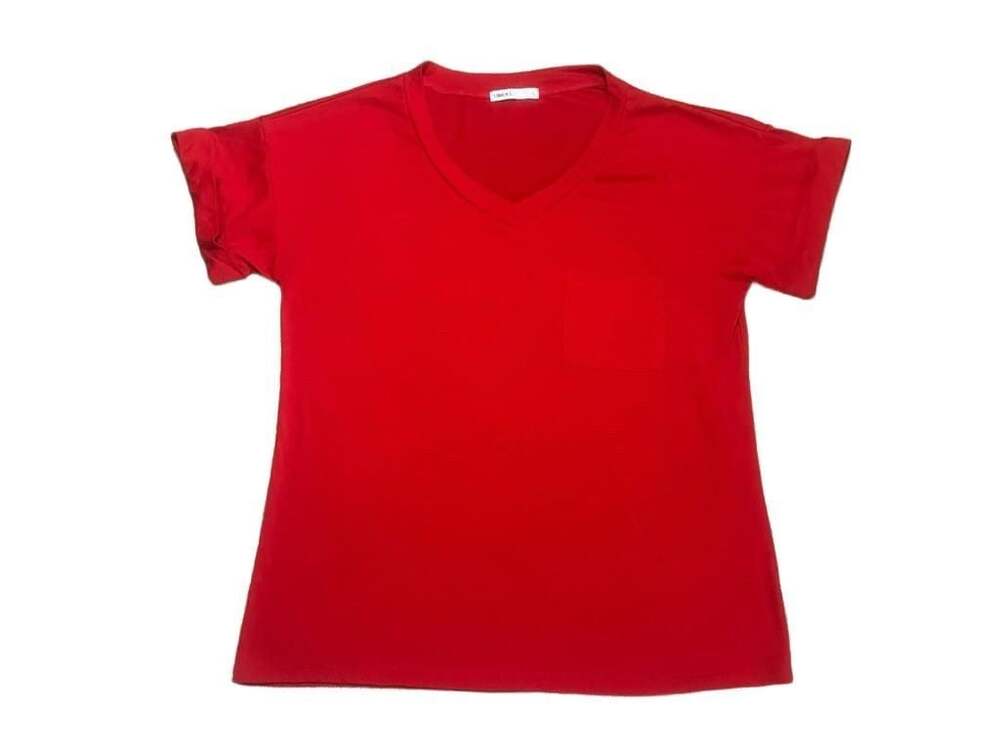 MIHOLL Women's V-Neck Pocket Casual Short Sleeve Red Top